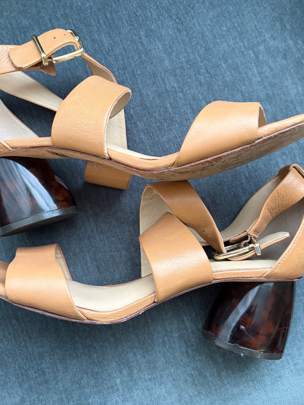 Tan Sandal Heels with Tortoise shell round heel size 10 - Picture 2 of 7